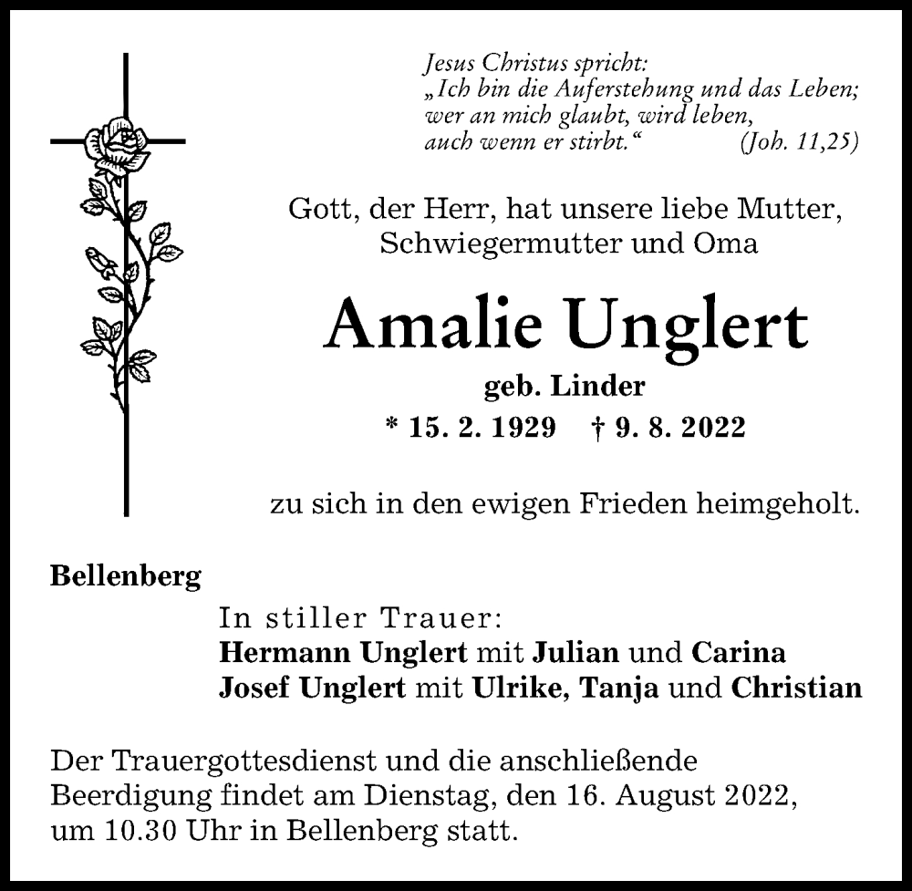  Traueranzeige für Amalie Unglert vom 12.08.2022 aus Illertisser Zeitung