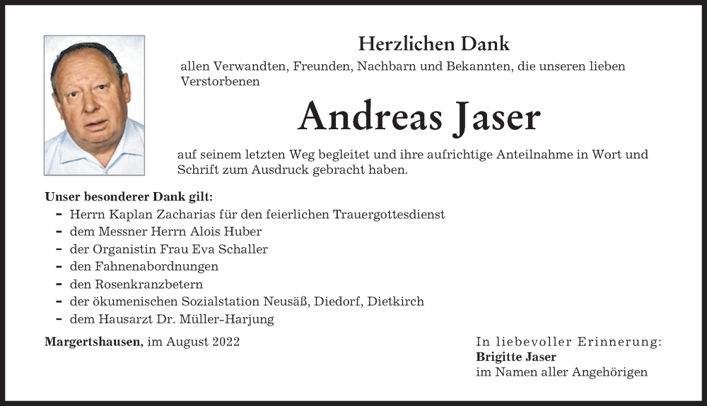 Traueranzeige von Andreas Jaser von Augsburg-Land