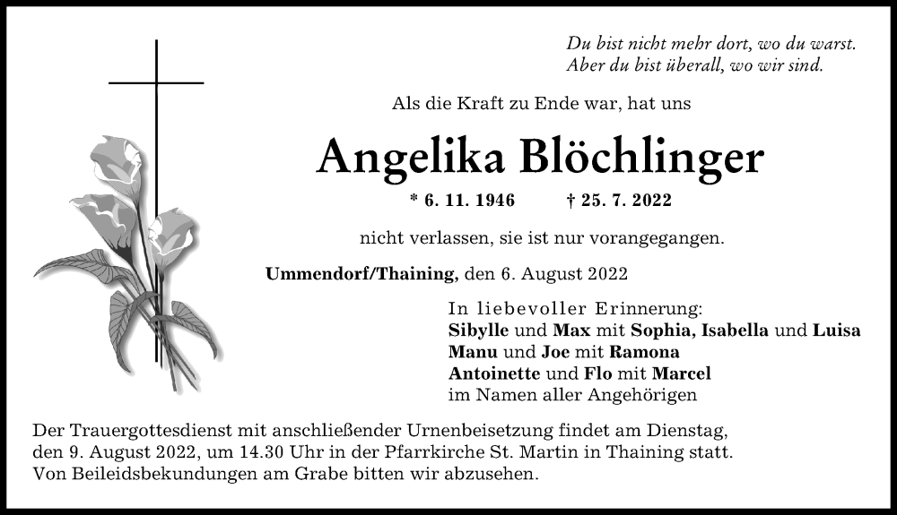  Traueranzeige für Angelika Blöchlinger vom 06.08.2022 aus Landsberger Tagblatt
