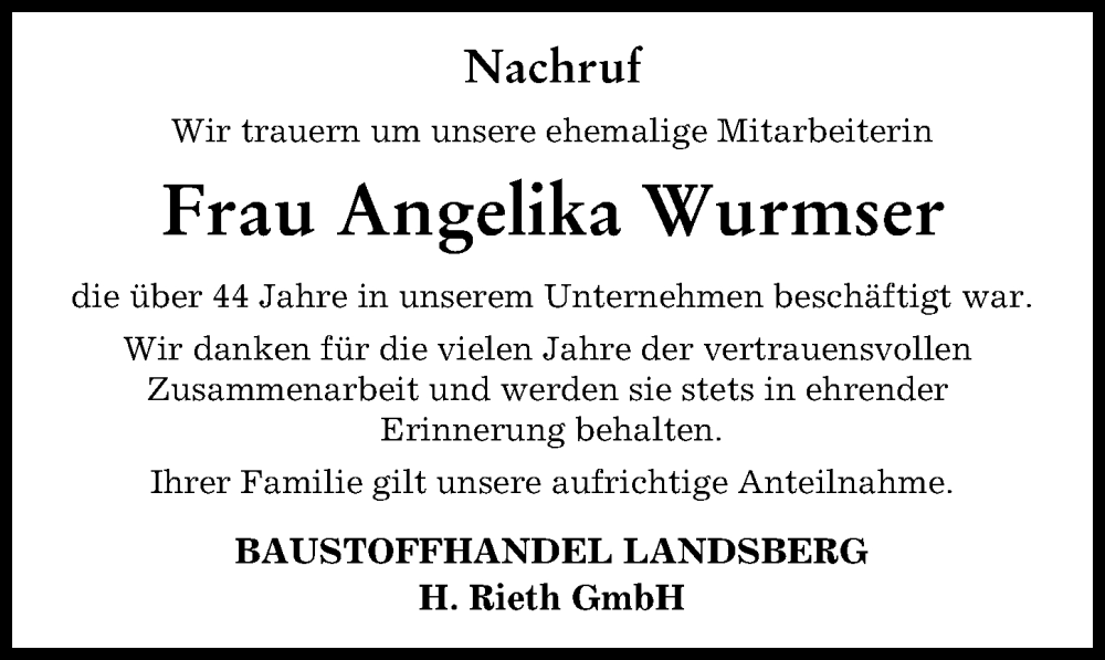 Traueranzeige von Angelika Wurmser von Landsberger Tagblatt