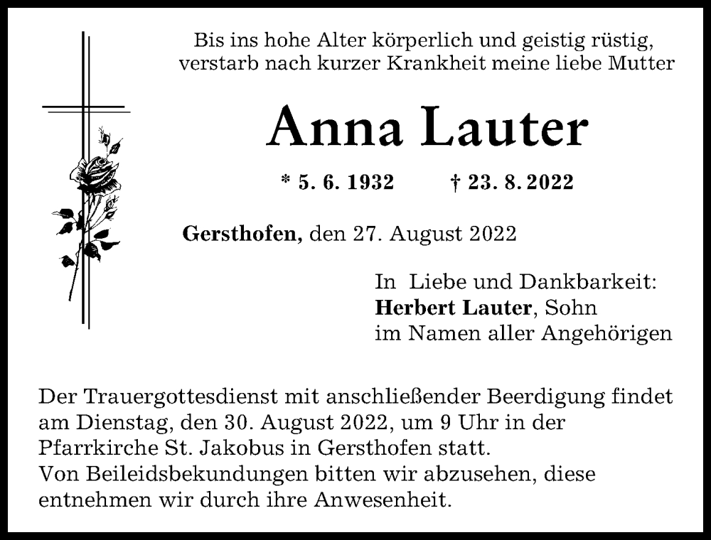 Traueranzeige von Anna Lauter von Augsburg-Land