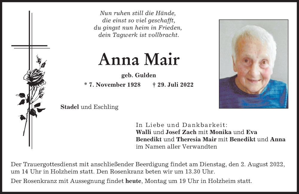 Traueranzeige von Anna Mair von Neuburger Rundschau, Donauwörther Zeitung