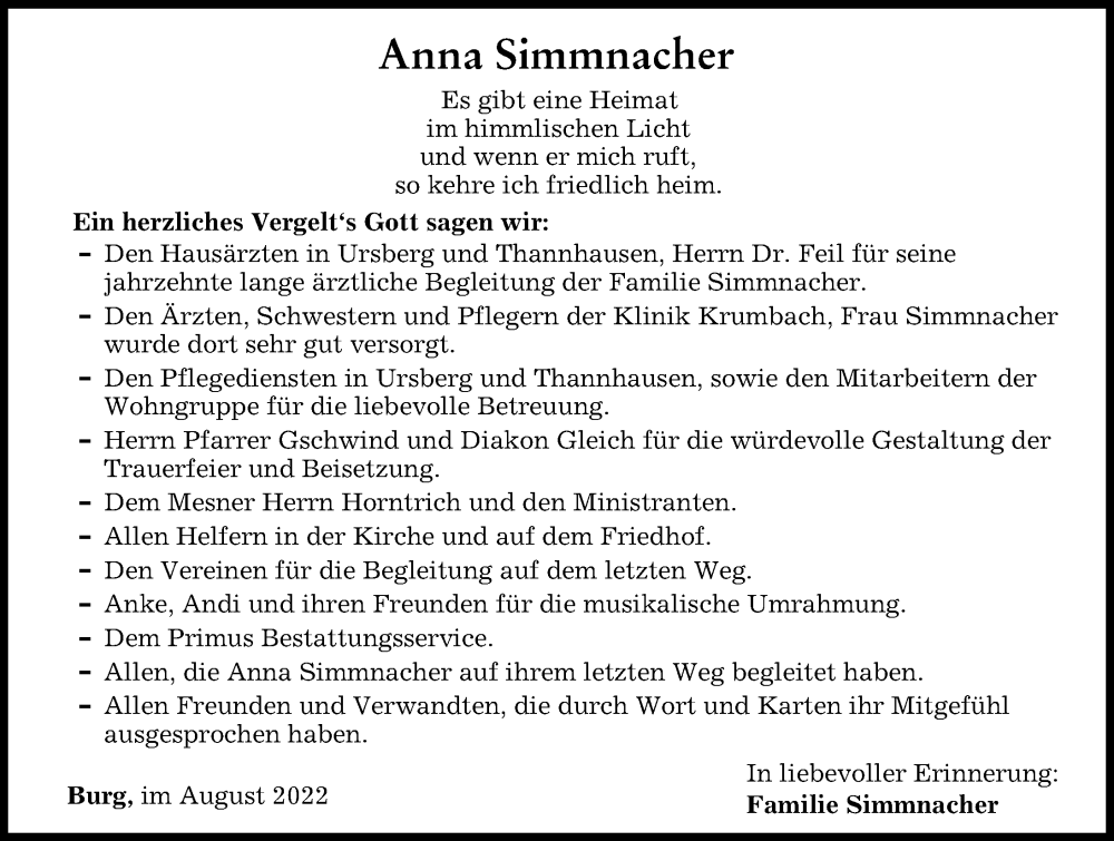 Traueranzeige von Anna Simmnacher von Mittelschwäbische Nachrichten