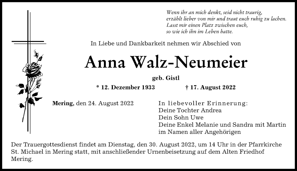 Traueranzeige von Anna Walz-Neumeier von Augsburger Allgemeine