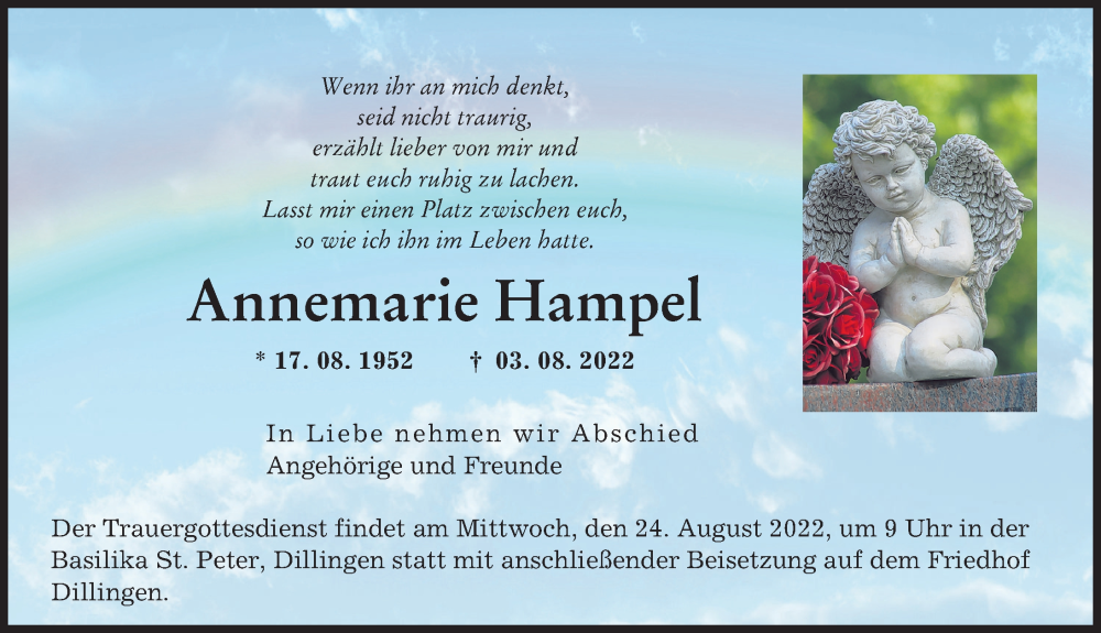 Traueranzeige von Annemarie Hampel von Donau Zeitung