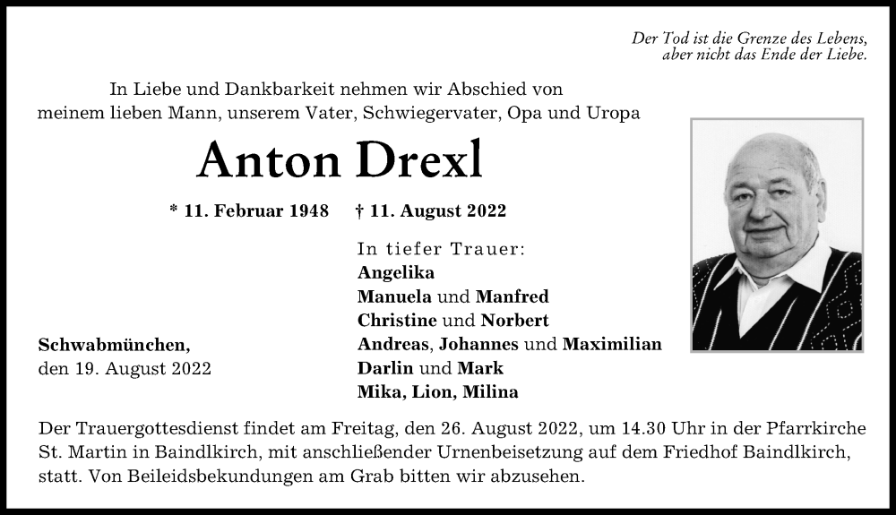 Traueranzeige von Anton Drexl von Friedberger Allgemeine