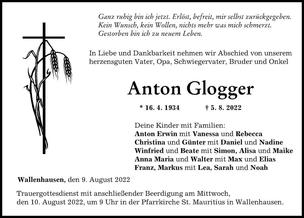 Traueranzeige für Anton Glogger vom 09.08.2022 aus Neu-Ulmer Zeitung