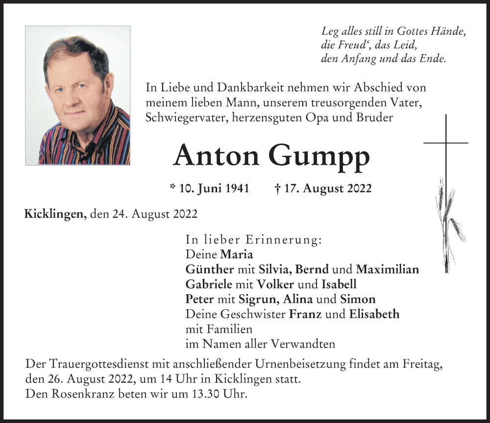 Traueranzeige von Anton Gumpp von Donau Zeitung