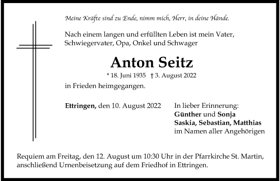 Traueranzeige von Anton Seitz von Mindelheimer Zeitung