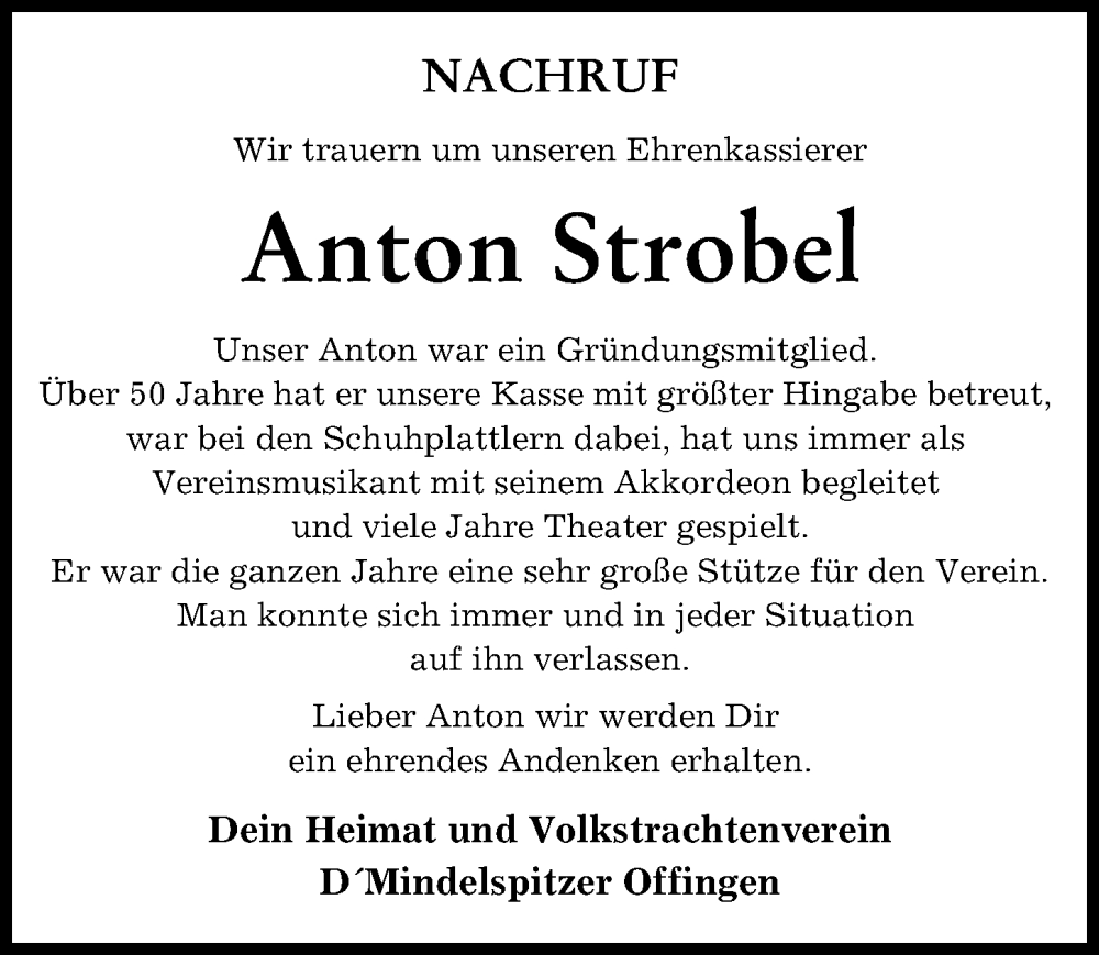  Traueranzeige für Anton Strobel vom 06.08.2022 aus Günzburger Zeitung
