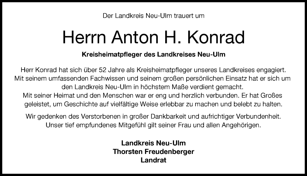 Traueranzeige von Anton H. Konrad von Illertisser Zeitung, Neu-Ulmer Zeitung
