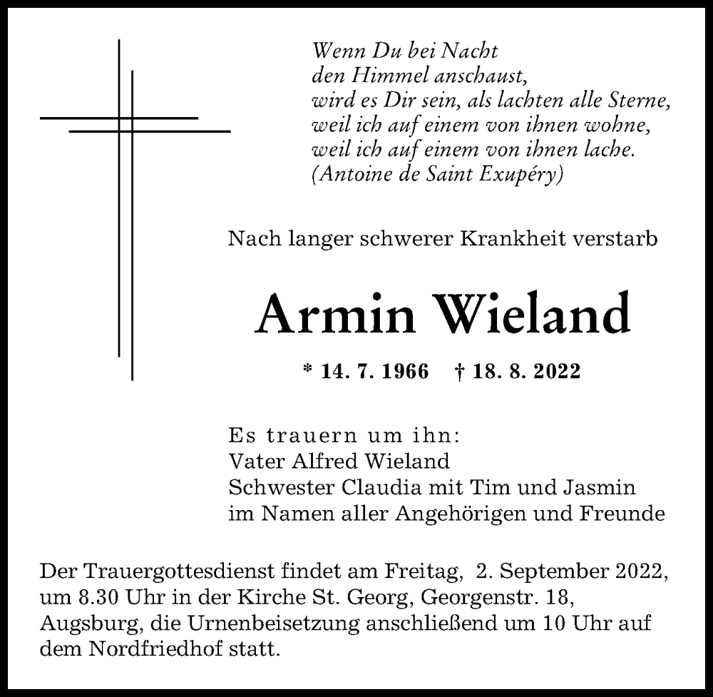 Traueranzeige von Armin Wieland von Augsburger Allgemeine