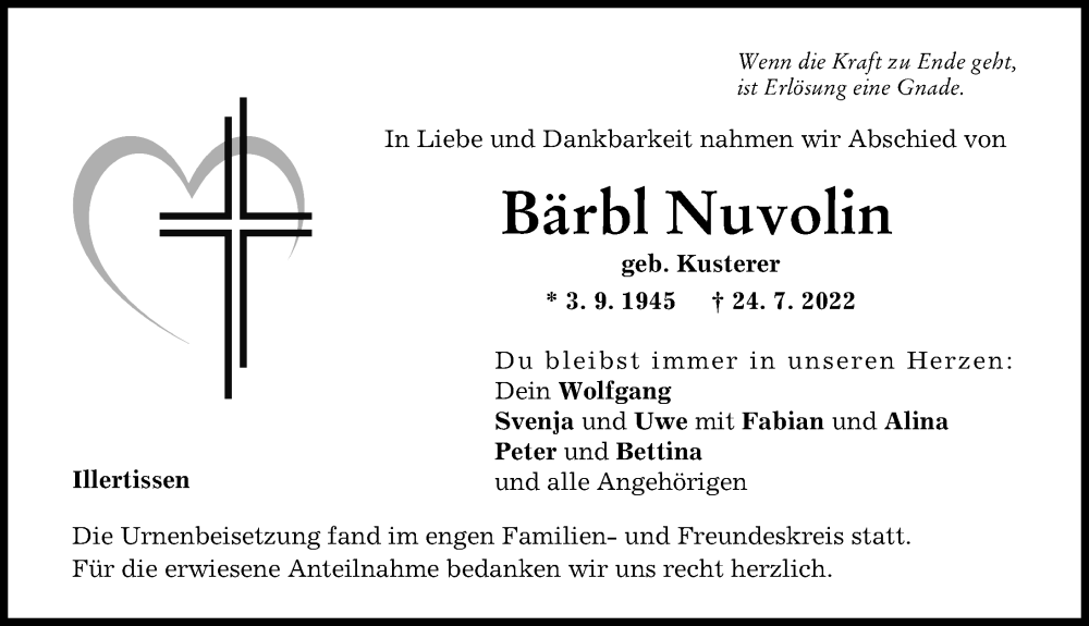  Traueranzeige für Bärbl Nuvolin vom 03.08.2022 aus Illertisser Zeitung