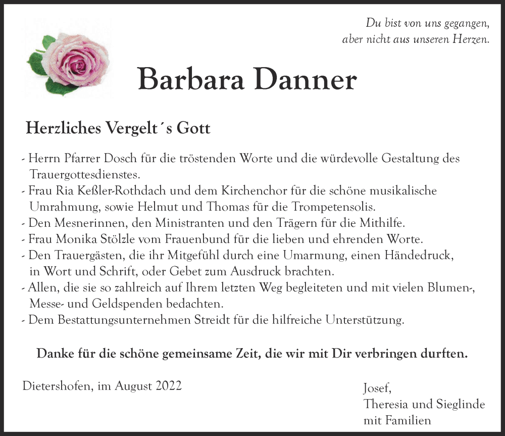 Traueranzeige von Barbara Danner von Augsburger Allgemeine, Illertisser Zeitung