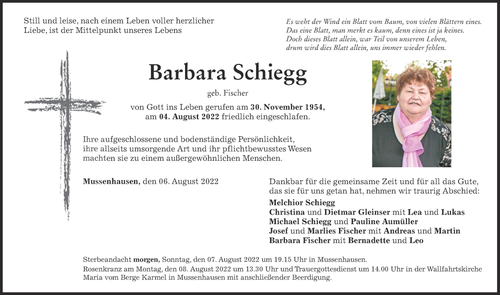  Traueranzeige für Barbara Schiegg vom 06.08.2022 aus Mindelheimer Zeitung