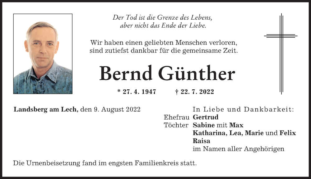  Traueranzeige für Bernd Günther vom 09.08.2022 aus Landsberger Tagblatt