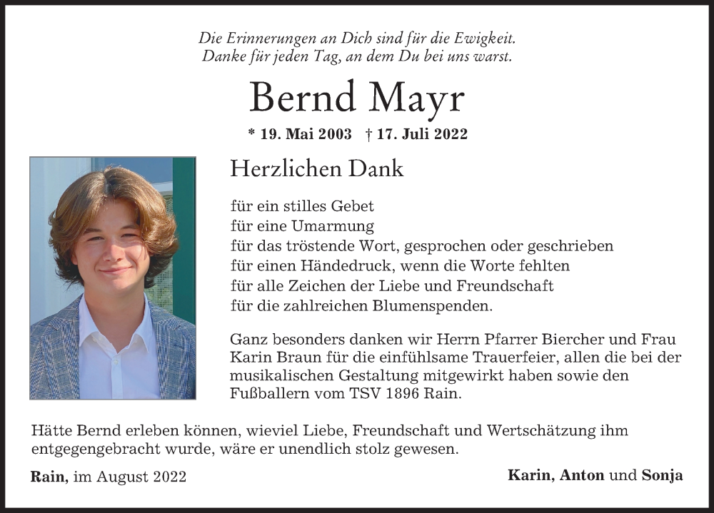  Traueranzeige für Bernd Mayr vom 06.08.2022 aus Donauwörther Zeitung