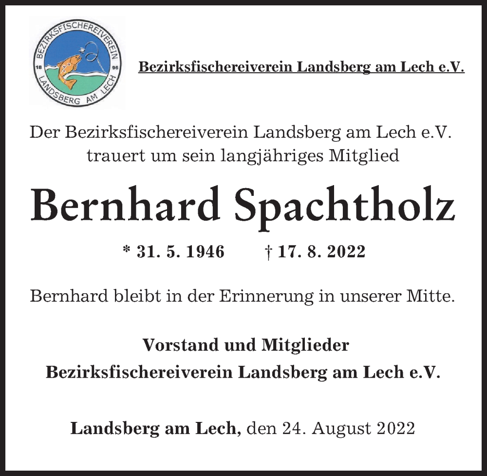 Traueranzeige von Bernhard Spachtholz von Landsberger Tagblatt