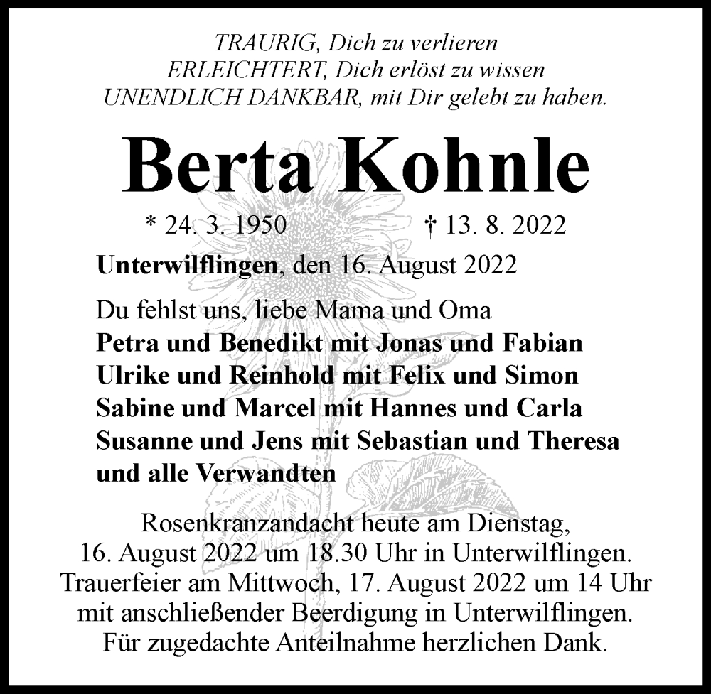  Traueranzeige für Berta Kohnle vom 16.08.2022 aus Rieser Nachrichten