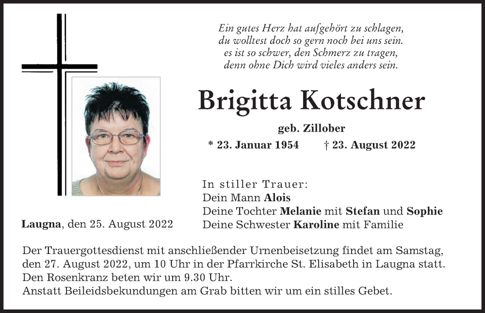 Traueranzeige von Brigitta Kotschner von Wertinger Zeitung