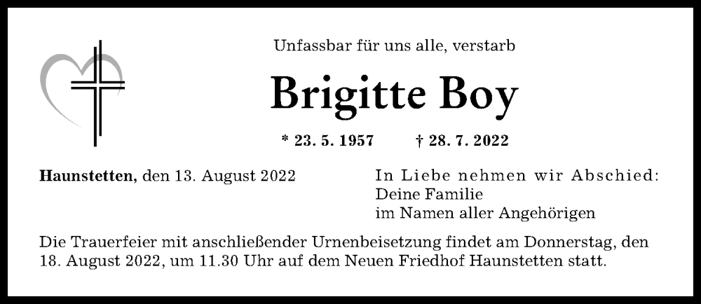 Traueranzeige von Brigitte Boy von Augsburger Allgemeine