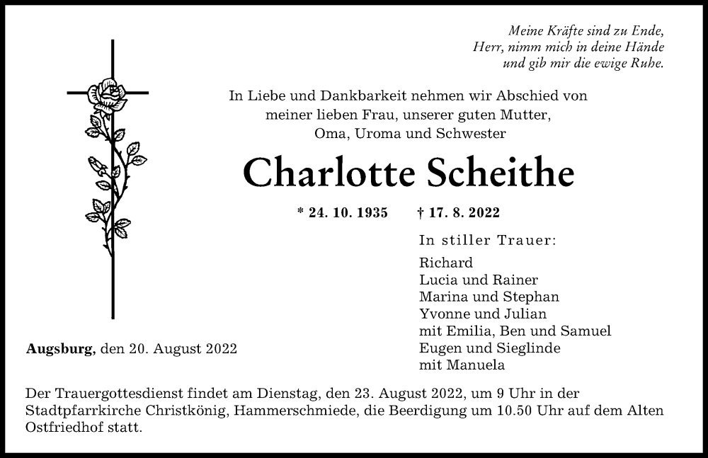 Traueranzeige von Charlotte Scheithe von Augsburger Allgemeine