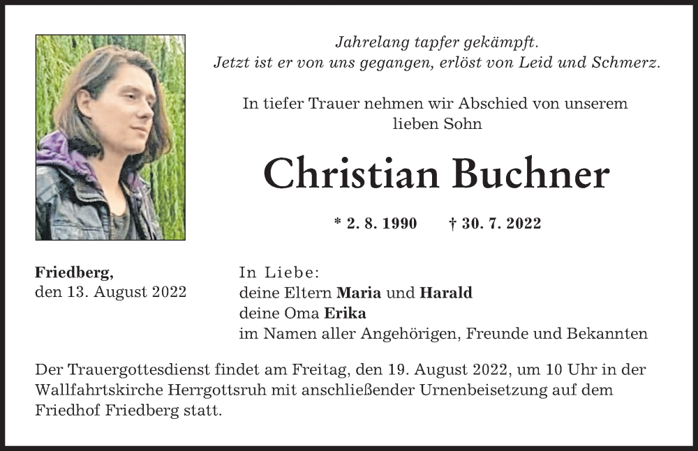  Traueranzeige für Christian Buchner vom 13.08.2022 aus Augsburger Allgemeine, Friedberger Allgemeine