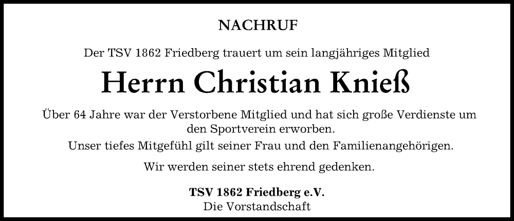  Traueranzeige für Christian Knieß vom 05.08.2022 aus Friedberger Allgemeine