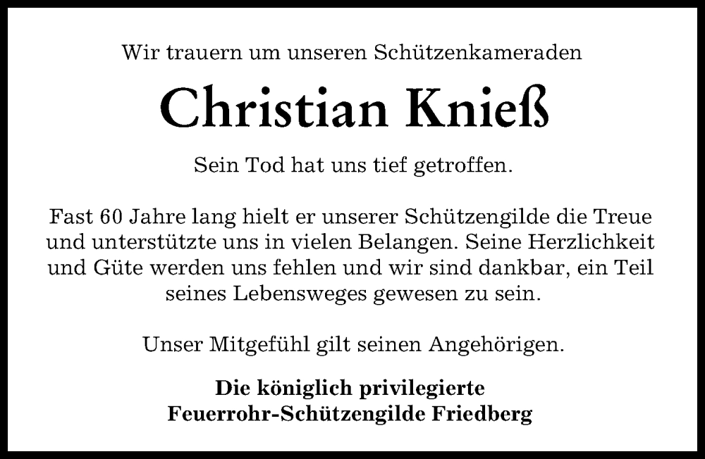Traueranzeige von Christian Knieß von Friedberger Allgemeine