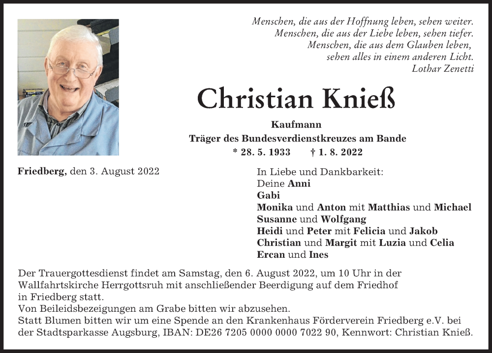  Traueranzeige für Christian Knieß vom 03.08.2022 aus Augsburger Allgemeine, Friedberger Allgemeine