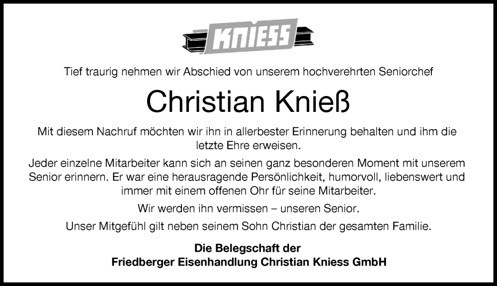  Traueranzeige für Christian Knieß vom 06.08.2022 aus Friedberger Allgemeine