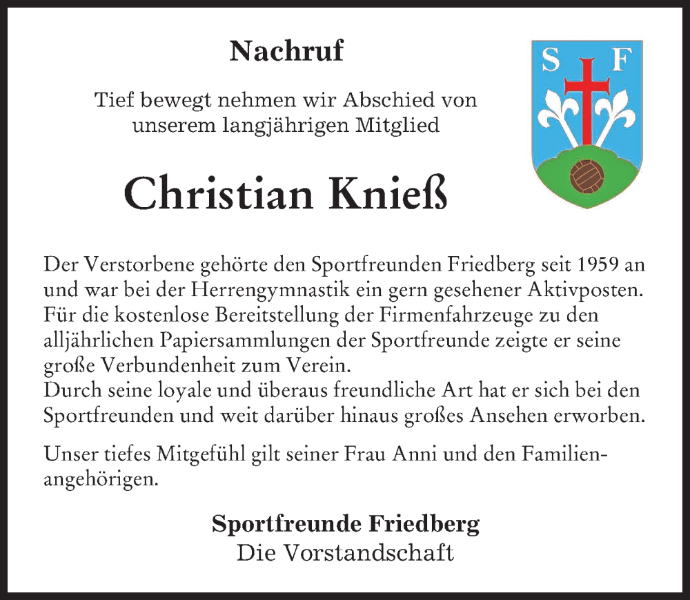  Traueranzeige für Christian Knieß vom 04.08.2022 aus Friedberger Allgemeine