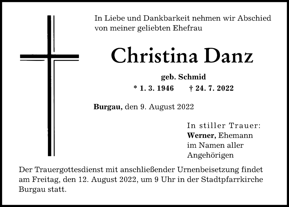 Traueranzeige von Christina Danz von Günzburger Zeitung