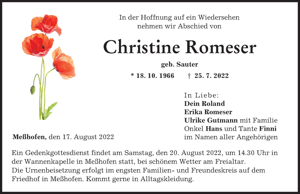  Traueranzeige für Christine Romeser vom 17.08.2022 aus Neu-Ulmer Zeitung
