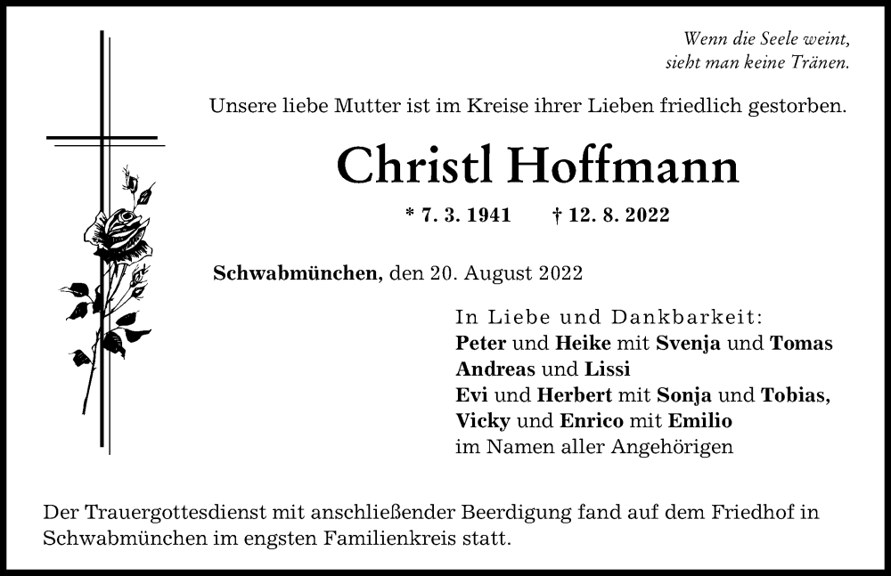 Traueranzeige von Christl Hoffmann von Schwabmünchner Allgemeine