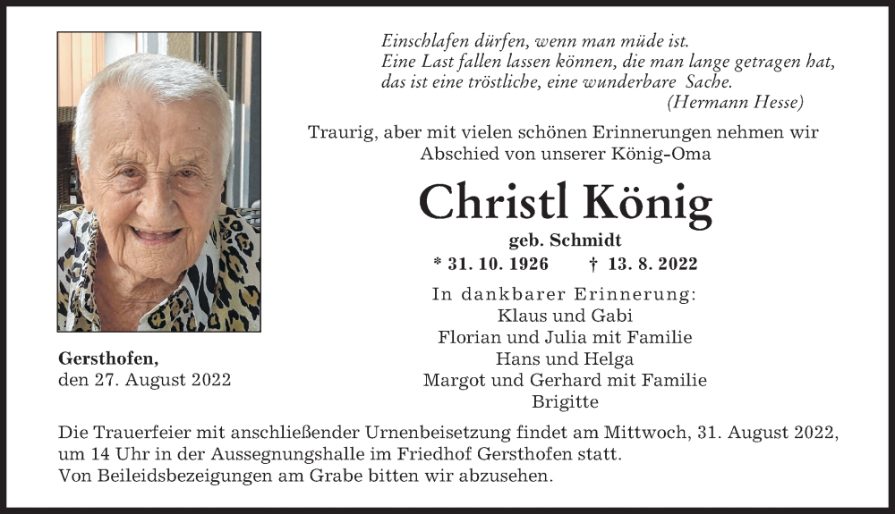 Traueranzeigen Von Christl König | Augsburger Allgemeine Zeitung