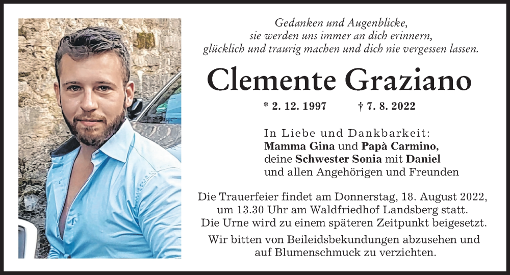  Traueranzeige für Clemente Graziano vom 16.08.2022 aus Landsberger Tagblatt