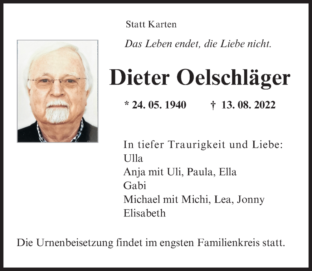  Traueranzeige für Dieter Oelschläger vom 17.08.2022 aus Illertisser Zeitung