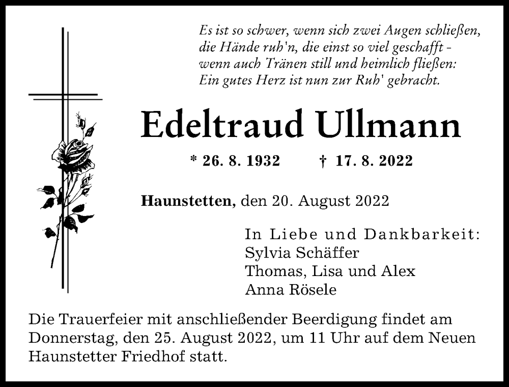 Traueranzeige von Edeltraud Ullmann von Augsburger Allgemeine