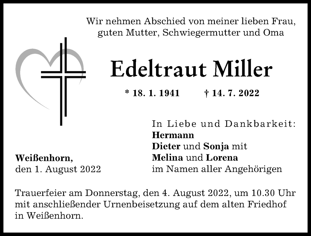 Traueranzeige von Edeltraut Miller von Neu-Ulmer Zeitung