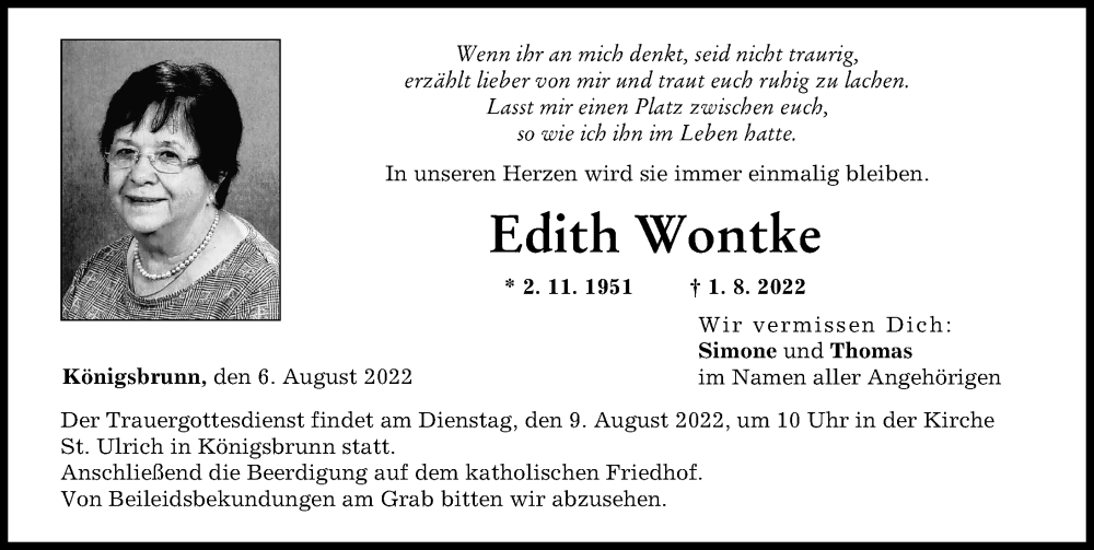 Traueranzeige von Edith Wontke von Schwabmünchner Allgemeine