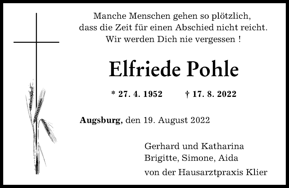 Traueranzeige von Elfriede Pohle von Augsburger Allgemeine