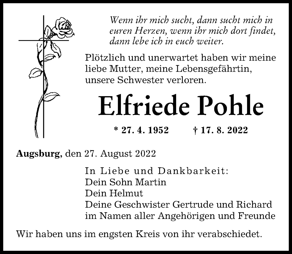 Traueranzeige von Elfriede Pohle von Augsburger Allgemeine