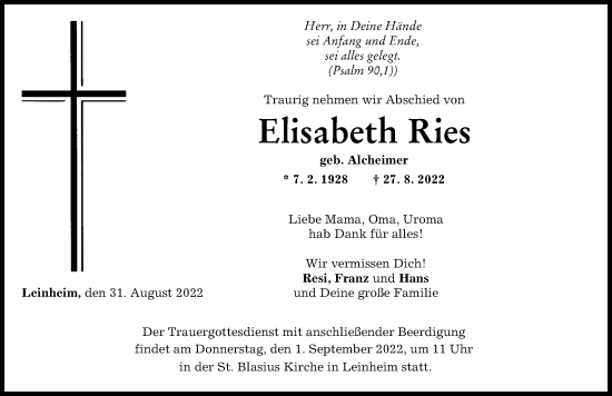 Traueranzeige von Elisabeth Ries von Günzburger Zeitung