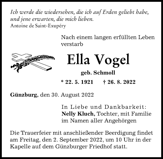 Traueranzeige von Ella Vogel von Günzburger Zeitung