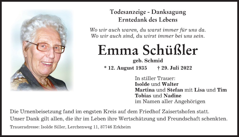  Traueranzeige für Emma Schüßler vom 13.08.2022 aus Mindelheimer Zeitung