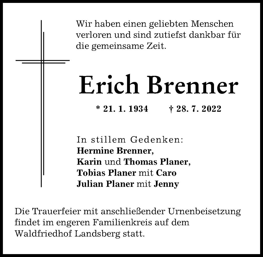 Traueranzeige von Erich Brenner von Landsberger Tagblatt