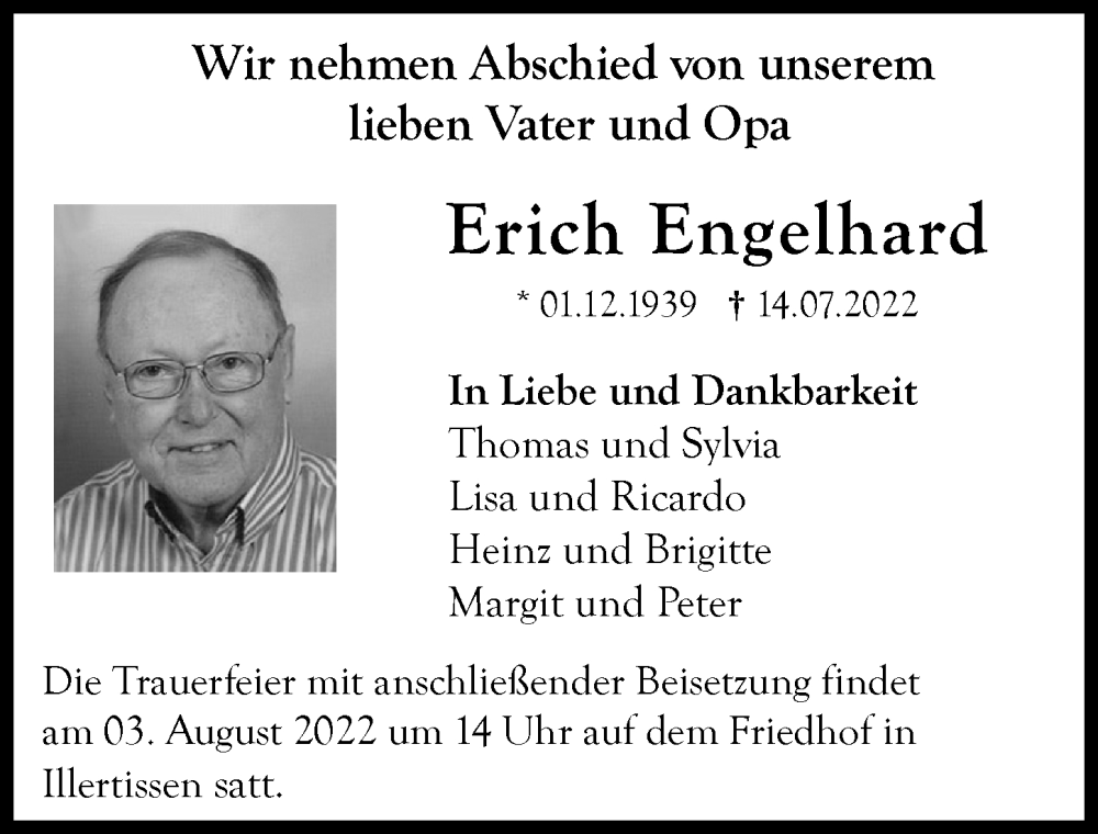 Traueranzeige von Erich Engelhard von Neu-Ulmer Zeitung