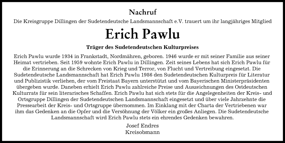 Traueranzeige von Erich Pawlu von Donau Zeitung