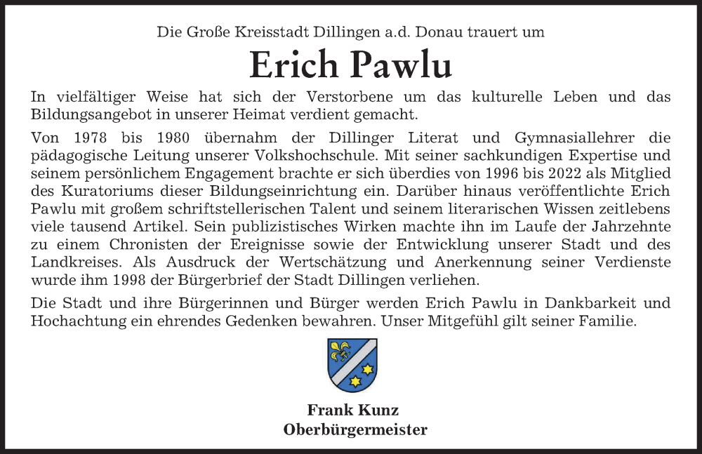 Traueranzeige von Erich Pawlu von Donau Zeitung